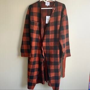 JOA Rust Orange Plaid Check Sweater Coat Cardigan